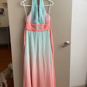Betsy Adam Orange/Blue Ombré Halter Dress